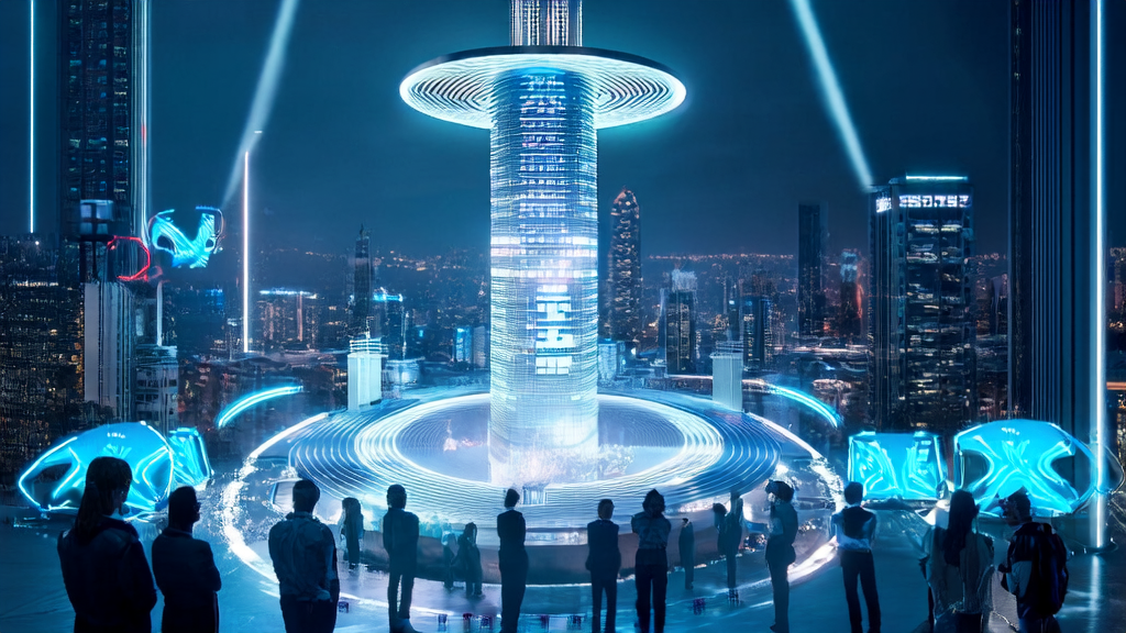 A futuristic city with an AI intelligence tower showcasing the frontiers and challenges of AI in customer acquisition