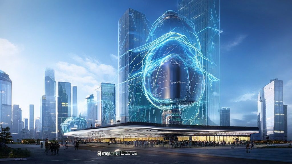 In the skyline of a future city, a tech company uses AI prediction models and MuseSteamer technology for efficient customer acquisition.
