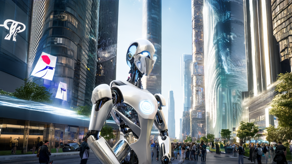 A giant AI robot on a futuristic city street, holding a tablet displaying multimodal interaction models, with the Alibaba Qwen logo and Stanford University flags in the background.