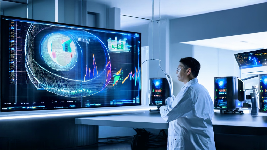 科学家在高科技实验室中进行AI模型测试和Quora客户采集，展示AI获客技术的未来。