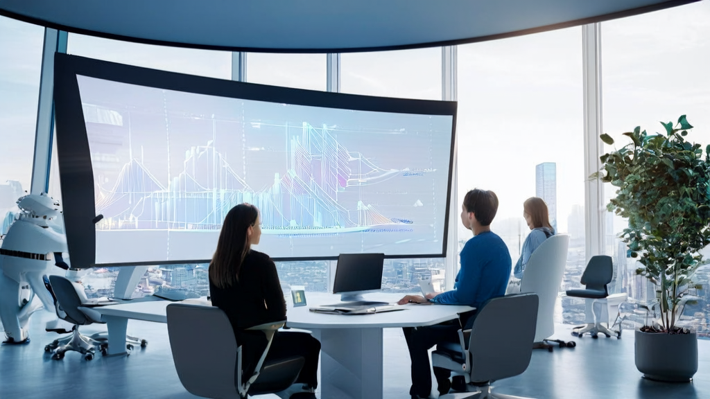 年轻创业者们在充满科技感的办公室中探讨基于AI的高转化邮件策略