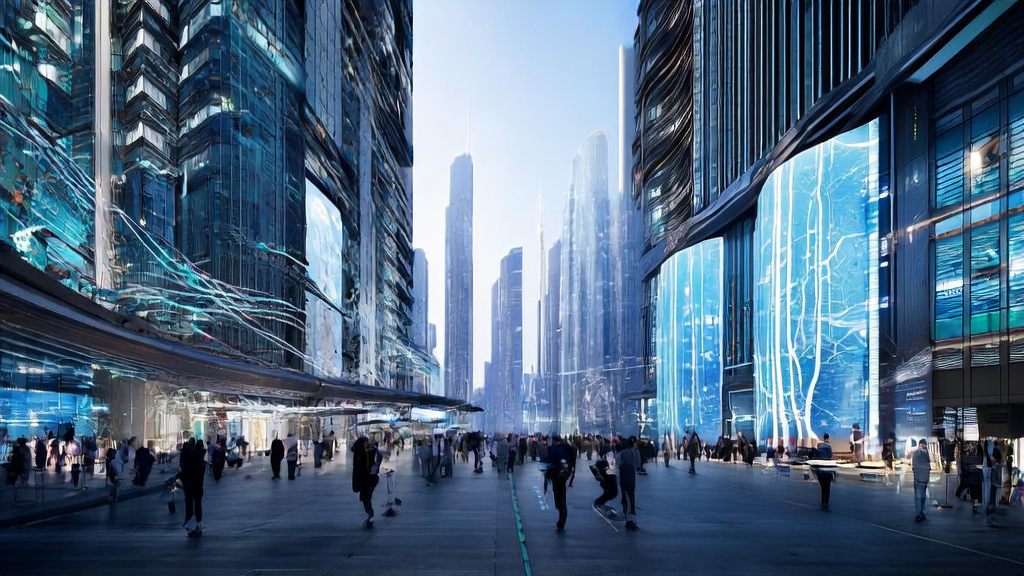 未来城市中的AI获客场景：智能机器人和数字屏幕展示精准广告