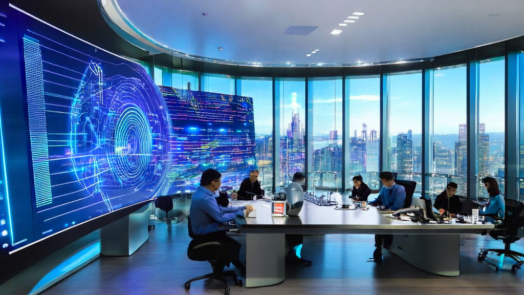 工程师们正在现代化办公大楼中调试AI预测模型，背景是繁华的城市景观