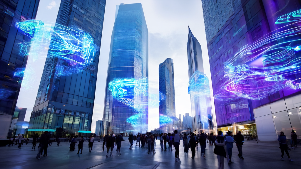 未来城市中特斯拉AI芯片照亮夜空,展示AI技术在B2B市场的应用前景