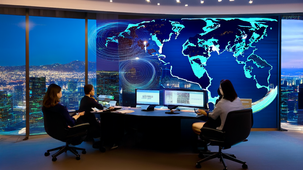 现代化办公室内的团队正在使用AI智能获客系统进行跨境电商数据分析