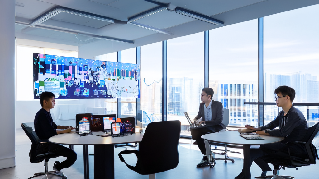 A team in an e-commerce office is discussing how to use AI customer acquisition to boost sales performance