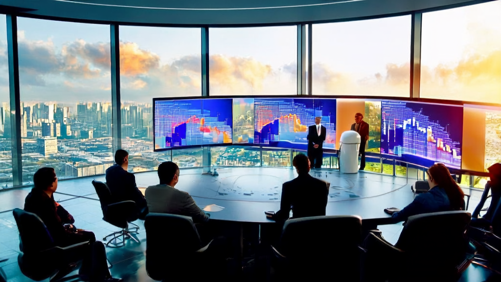 外贸企业员工围坐在一起，通过AI技术实现精准获客，背景是现代化的办公环境和城市天际线。