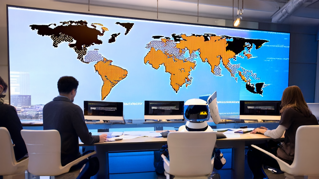 充满科技感的现代化办公室中，外贸业务员利用AI技术通过LinkedIn获取客户并处理智能文档