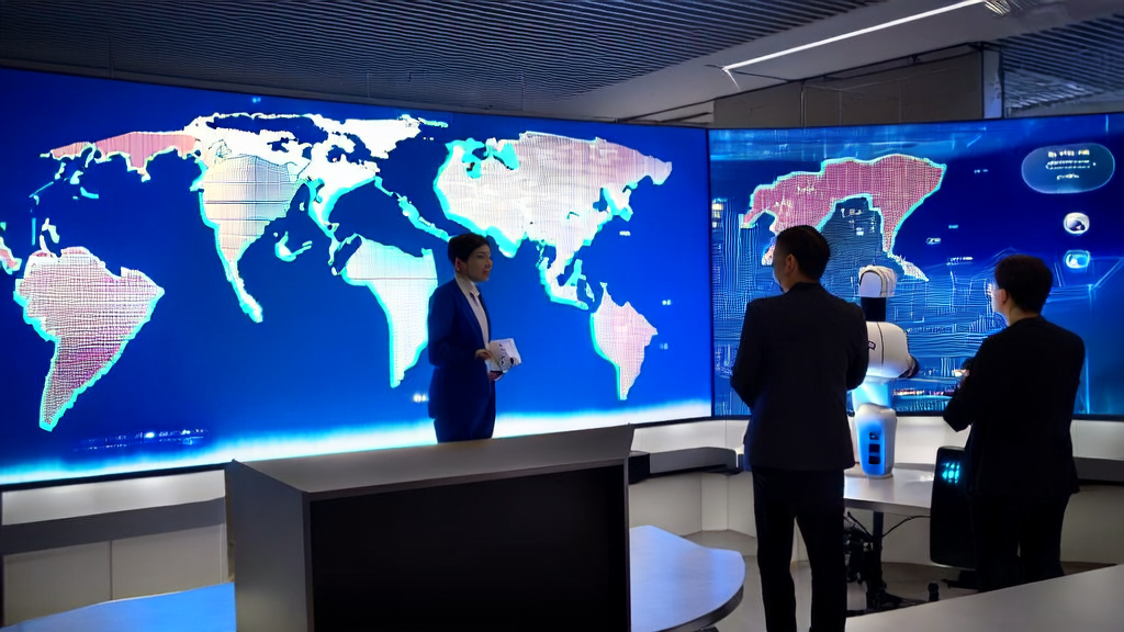 Modern office environment of a foreign trade enterprise using AI systems for global market data analysis, with an intelligent robot assisting in handling customer needs