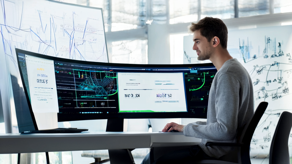 一位创业者在充满阳光的现代办公室中使用AI软件分析潜在客户数据，墙上挂着“九天”3.0技术架构图。