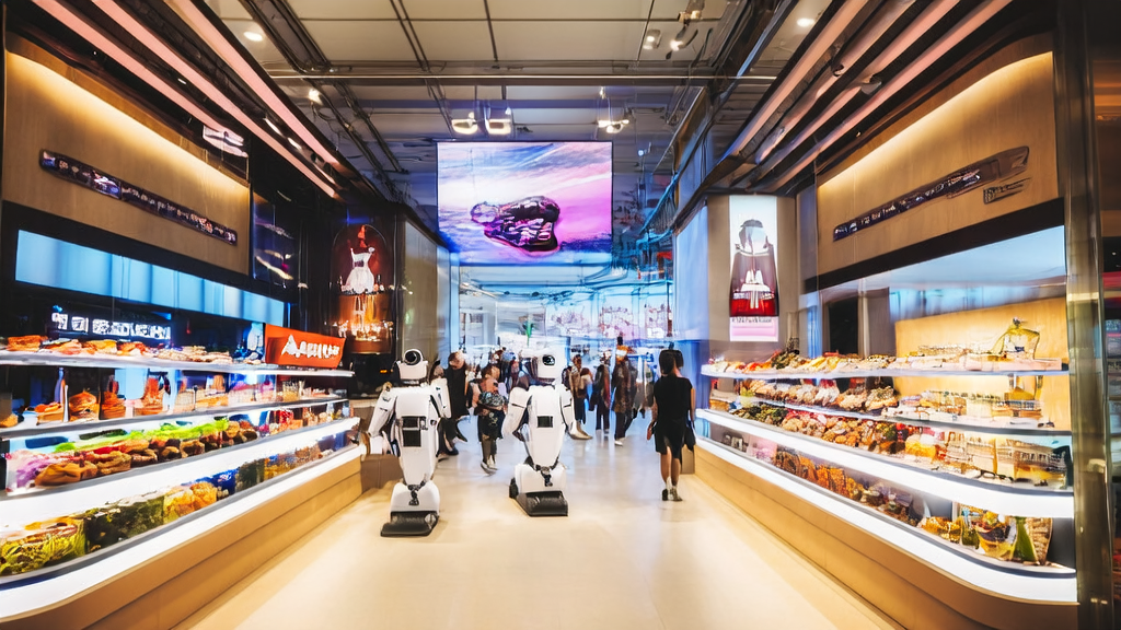 Retail store showcasing AI customer acquisition technology, attracting many customers to stop and watch
