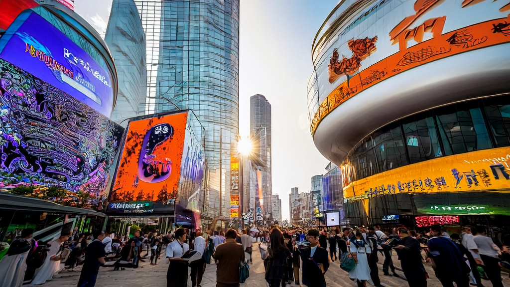 A bustling Southeast Asian city street with a large screen showcasing the latest AI customer acquisition technologies and a crowd of people