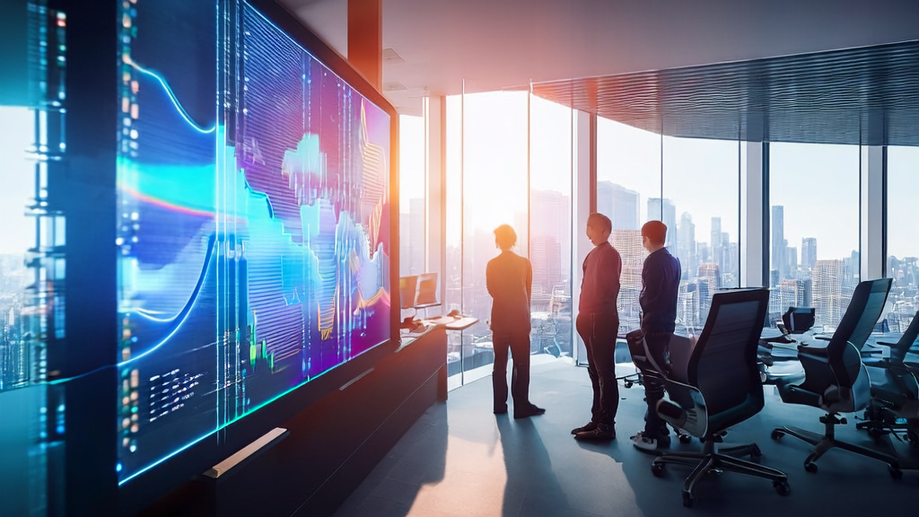 In a sunlit modern office, entrepreneurs are using AI technology to analyze data, with a bustling cityscape outside the window.