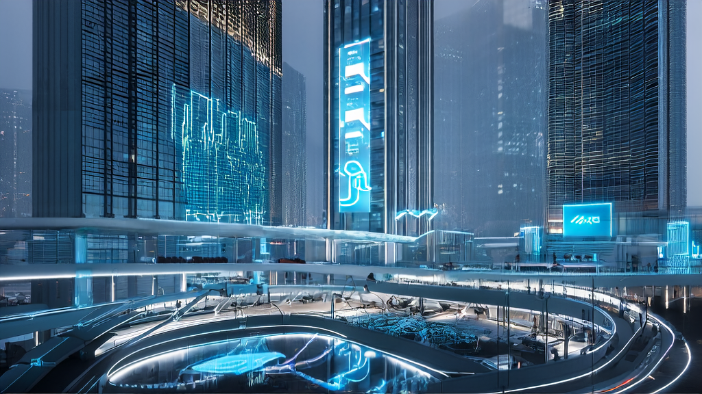 未来城市中的科技园区，展示AI技术在获客领域的应用，突显Meta收购Play AI的影响