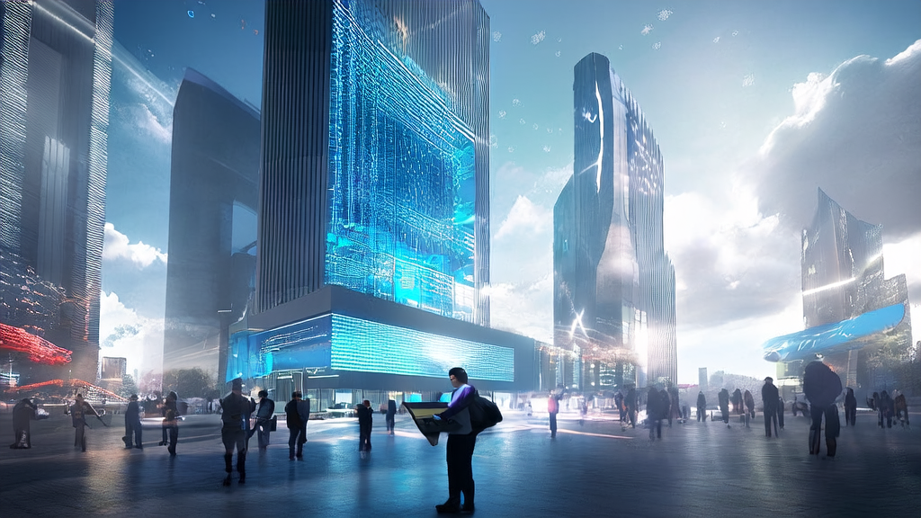 AI data center in a futuristic city showcasing AI-based customer data cleansing services