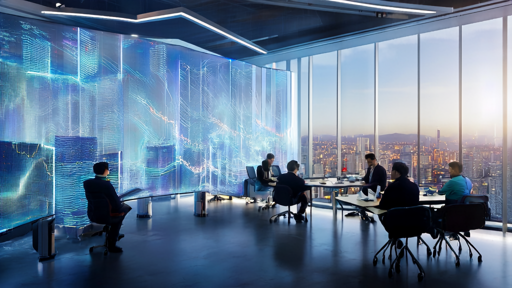 Young entrepreneurs in a modern office are using AI prediction models to screen high-quality customers, showcasing how AI technology is revolutionizing corporate customer acquisition strategies.