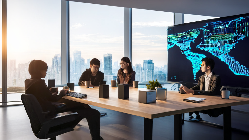 Young entrepreneurs in a modern office using DingTalk A1 AI recorder and AI customer prediction model for data analysis.