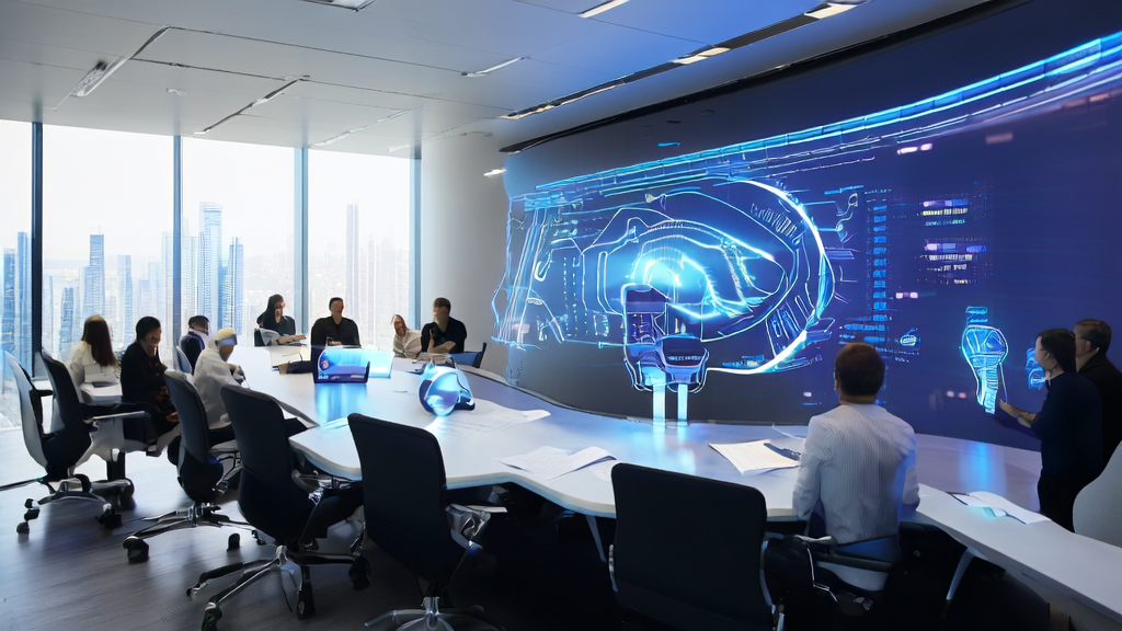 Business leaders discussing AI customer acquisition strategies in a meeting room, with Google AI Infrastructure Academy success stories displayed on the wall