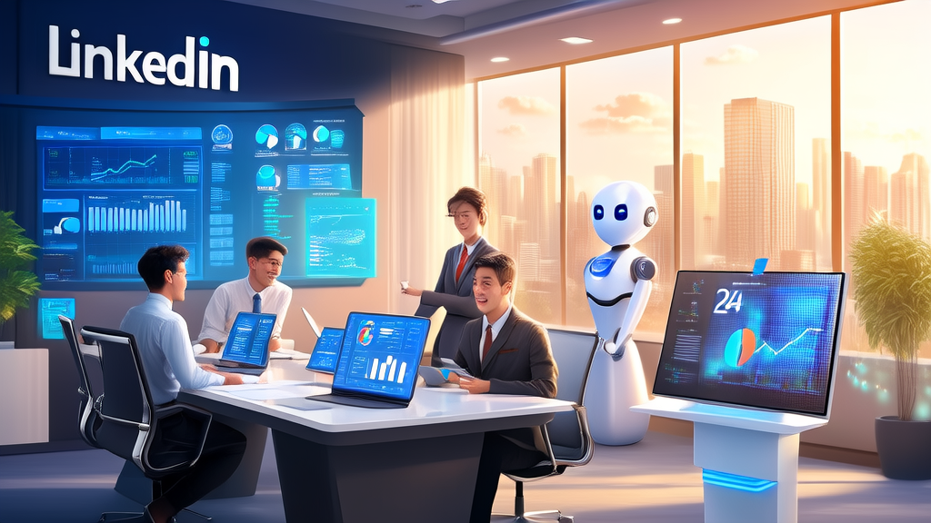 Entrepreneurs in a modern, sunlit office using AI technology to develop LinkedIn customer resources, with a backdrop of a bustling city skyline.