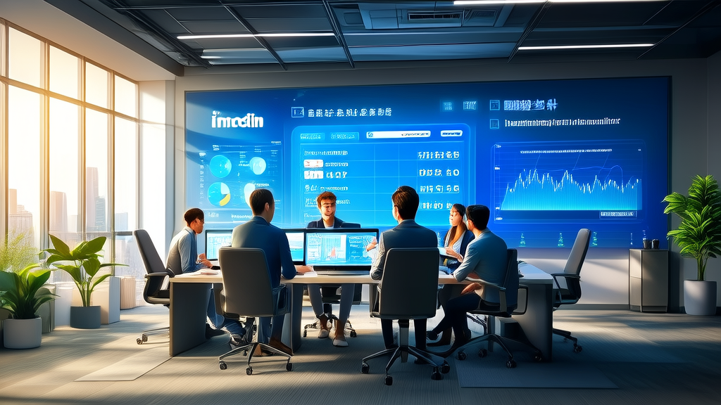 Scene of entrepreneurs using AI technology to acquire customers on LinkedIn in a modern office