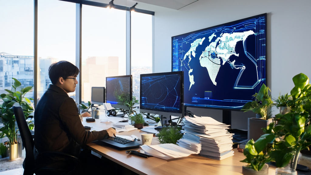 Modern office of a foreign trade company using AI technology for customer acquisition and data processing