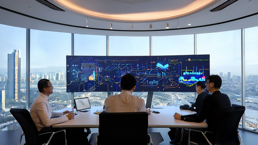 Engineers discussing AI customer acquisition strategies in a modern office with a view of the bustling cityscape