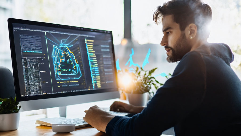 A modern office where an entrepreneur uses AI technology for customer acquisition analysis