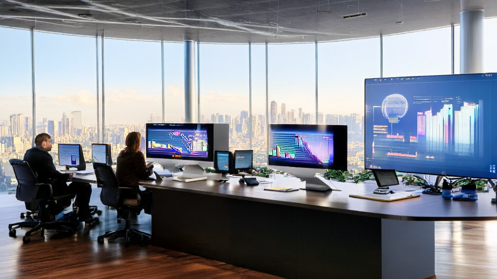 现代办公室中数据分析师使用AI预测模型和苹果新Speech API进行客户筛选和数据分析