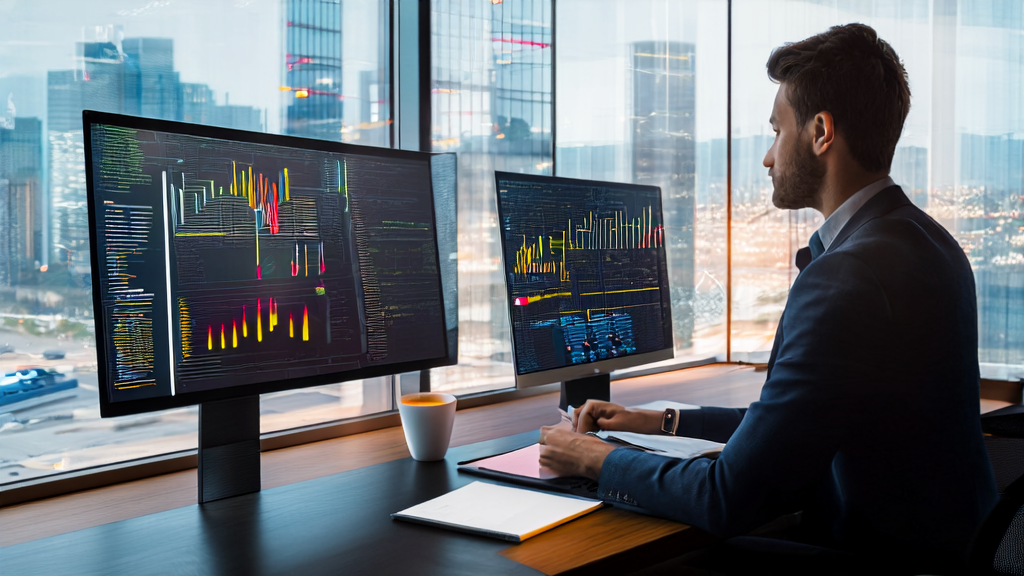 Entrepreneur analyzing customer data using AI technology in a modern office
