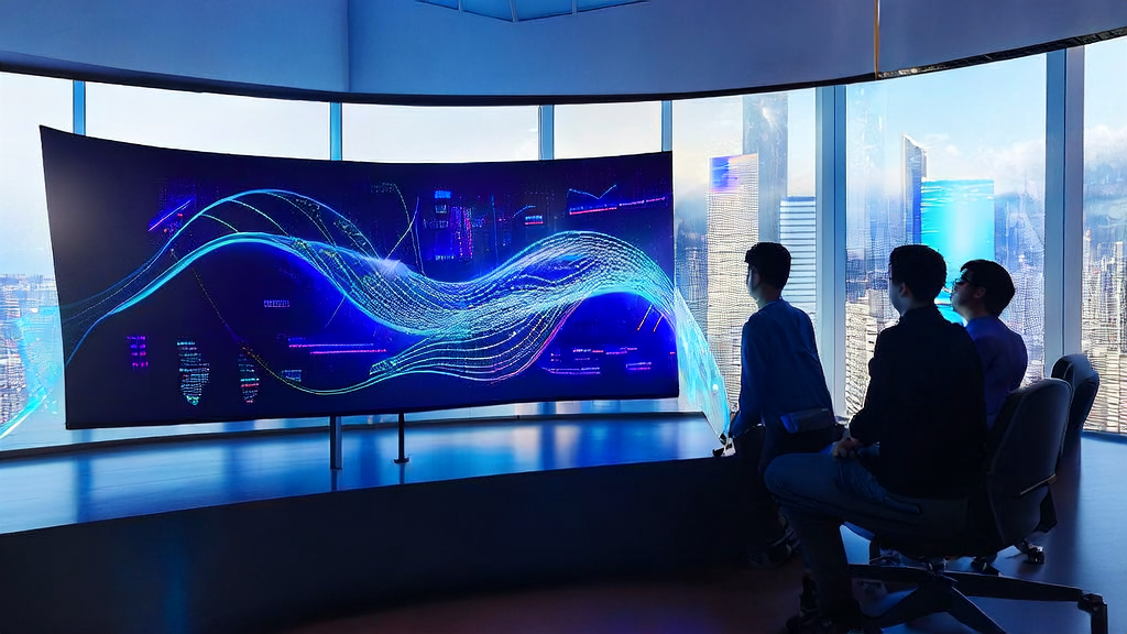 现代化办公室中团队成员通过AI技术分析数据并优化广告投放