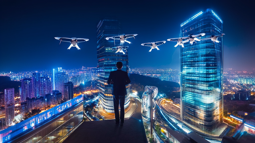 Busy robots and drone deliveries in an e-commerce building, showcasing the application of AI customer acquisition technology