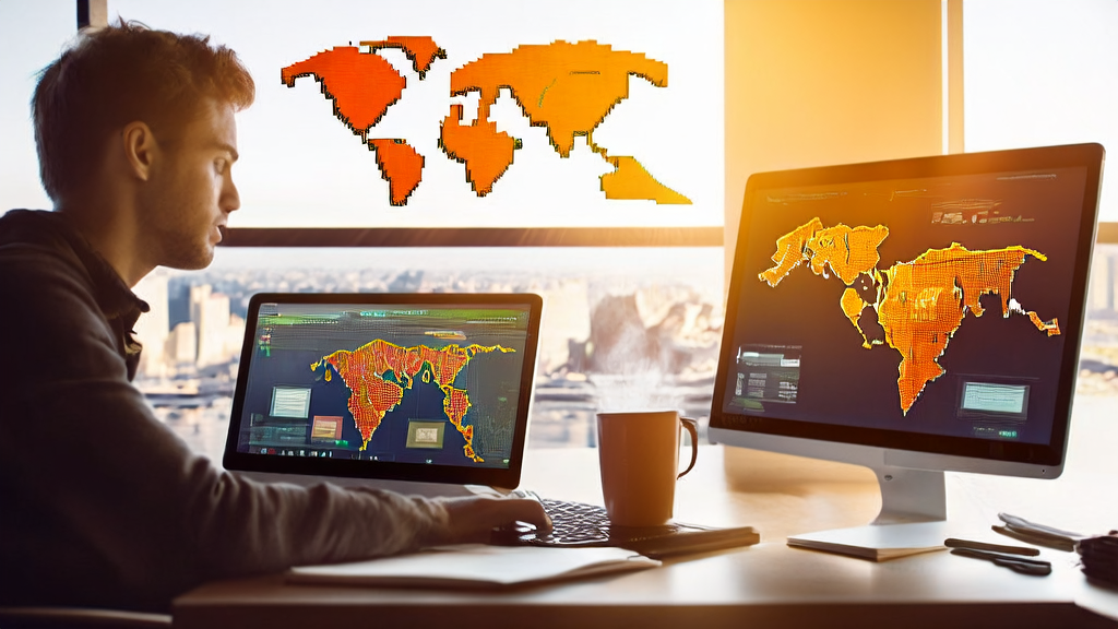 一位创业者在办公室使用AI工具通过LinkedIn获取客户，背景为全球地图和工作笔记