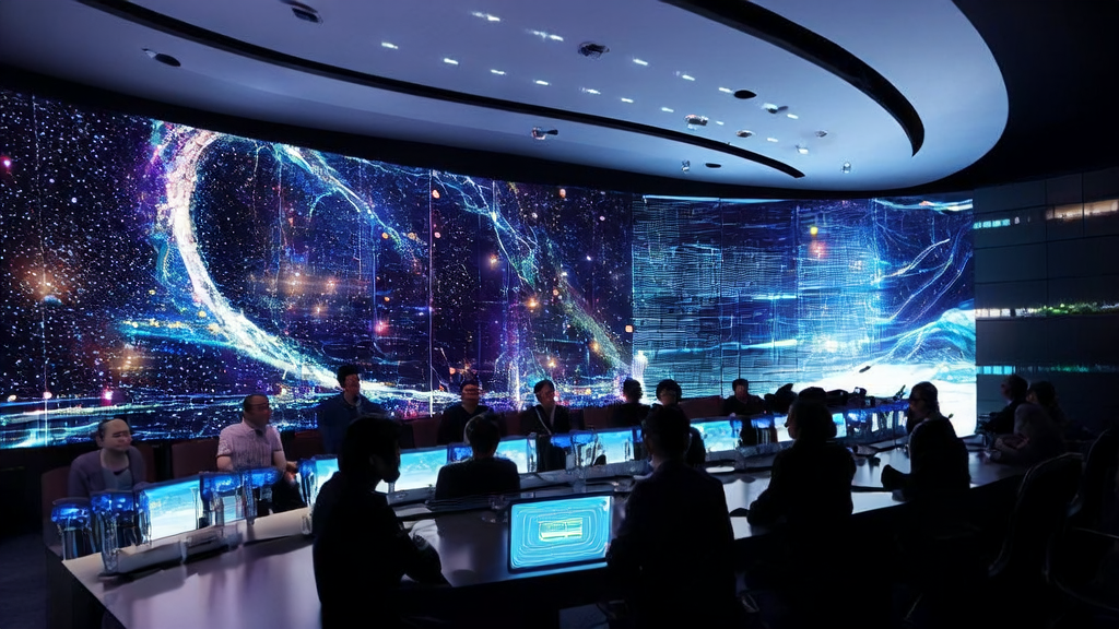Futuristic office space where a team utilizes AI technology for hyper-personalized email marketing and personalized customer reach