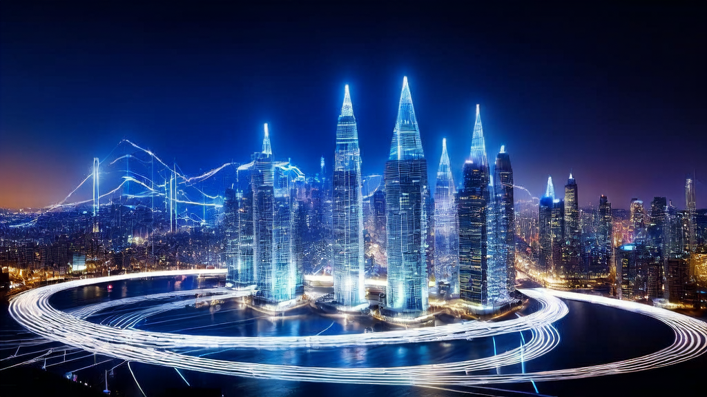 In a futuristic city, an AI control tower showcases how Lingguang Flash Apps help cross-border e-commerce businesses acquire customers efficiently