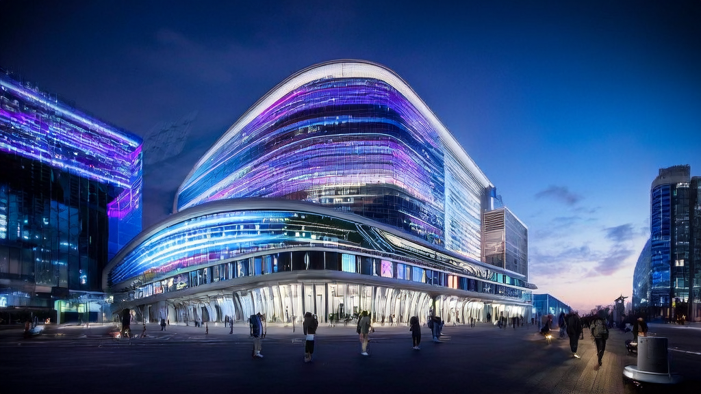 Cross-border e-commerce building in a futuristic city, showcasing AI technology for customer acquisition