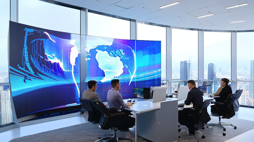 现代化办公室内的员工利用AI技术监控全球市场动态,展示AI在外贸企业中的应用。