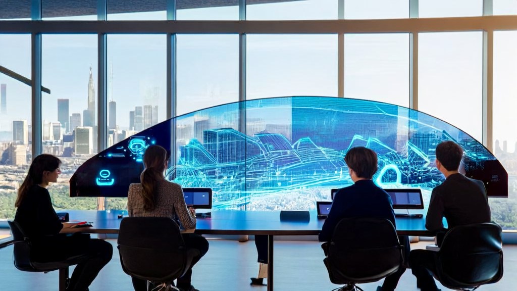In a futuristic office, entrepreneurs are using O4-mini and LinkedIn for efficient and precise customer acquisition