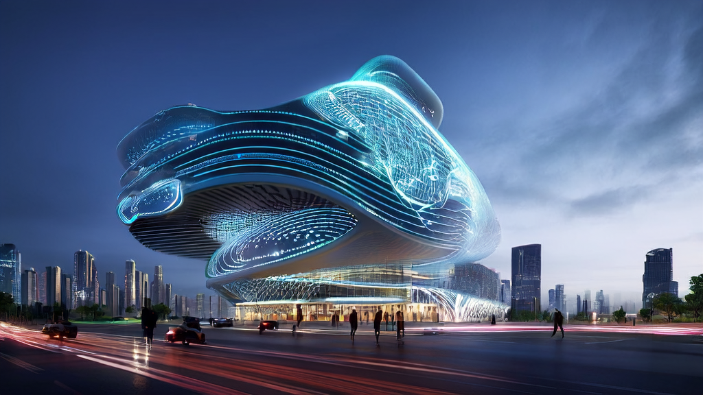 未来城市的高科技办公楼和AI机器,展示AI在广告投放中的应用