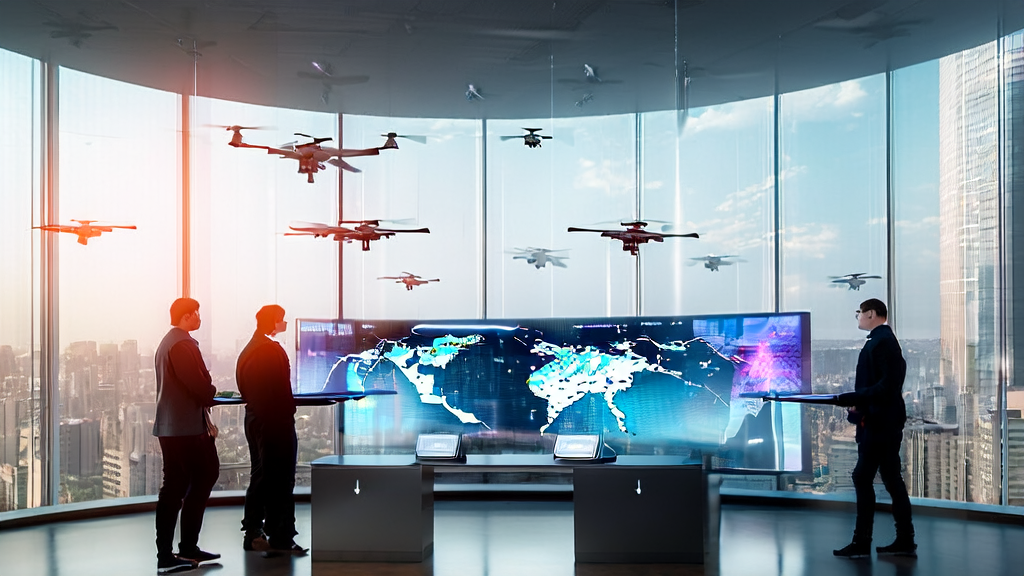 In a modern office in the heart of a futuristic city, young entrepreneurs are using AI technology to achieve hyper-personalized email marketing and efficient customer reach.