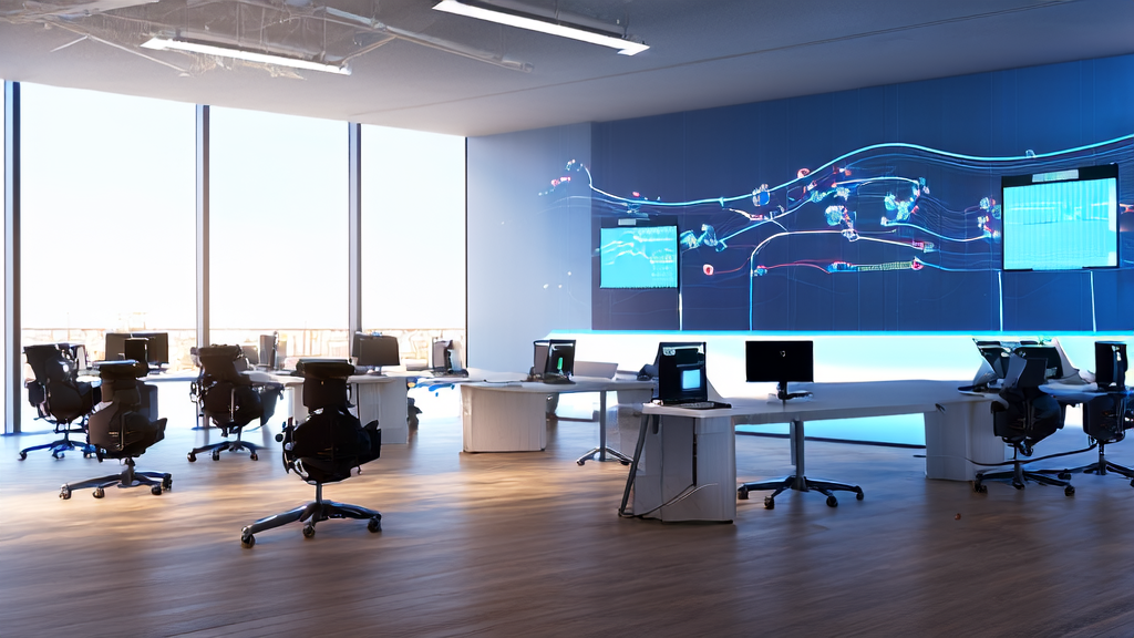 现代化独立站办公室内，员工们利用AI技术进行关键词优化和数据分析，实现高效获客。