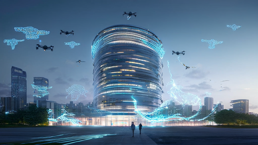 A futuristic city skyline featuring a modern independent site building, showcasing the application of AI technology in cross-border e-commerce, particularly in keyword optimization for traffic boost.