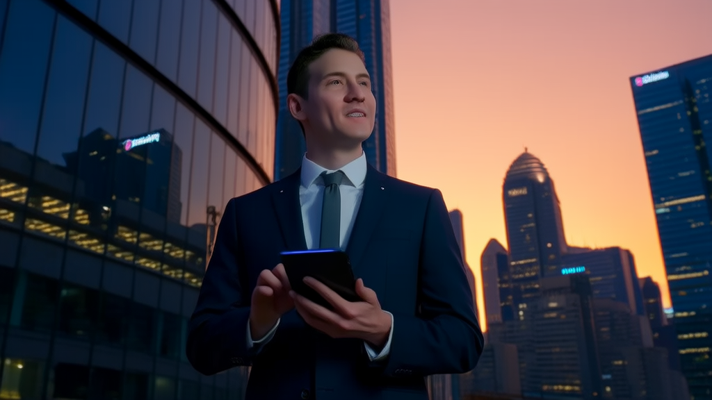 An entrepreneur uses smart devices and AI technology to efficiently acquire LinkedIn customers against the backdrop of a futuristic city.