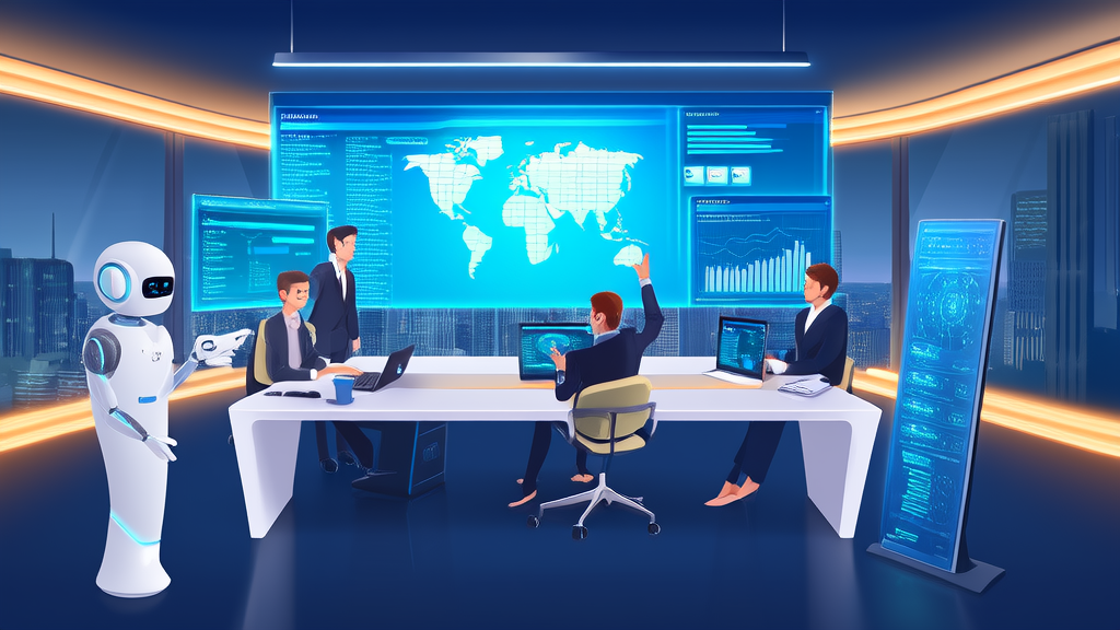 办公室内的员工通过LinkedIn和AI技术进行全球客户采集，展示了AI在现代商业中的应用。