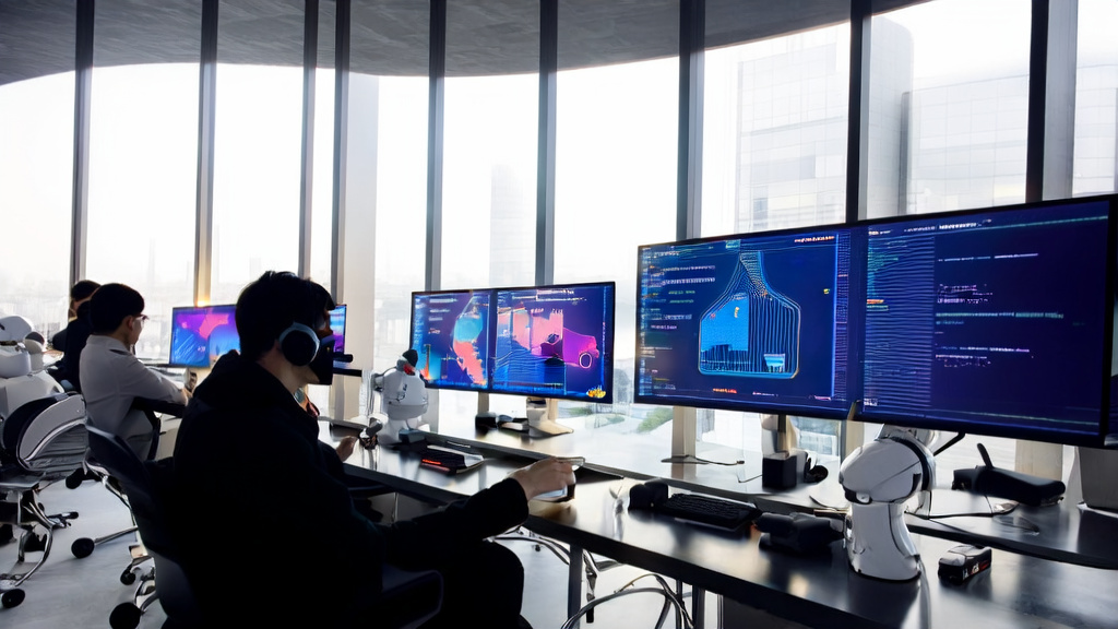 Modern export company office where employees use AI tools and Google Maps for customer acquisition and data analysis