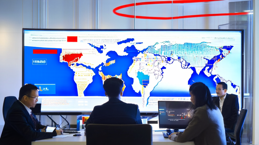 现代化办公室中的员工使用阿里巴巴ZeroSearch技术进行AI获客，通过智能分析工具快速筛选并锁定潜在客户