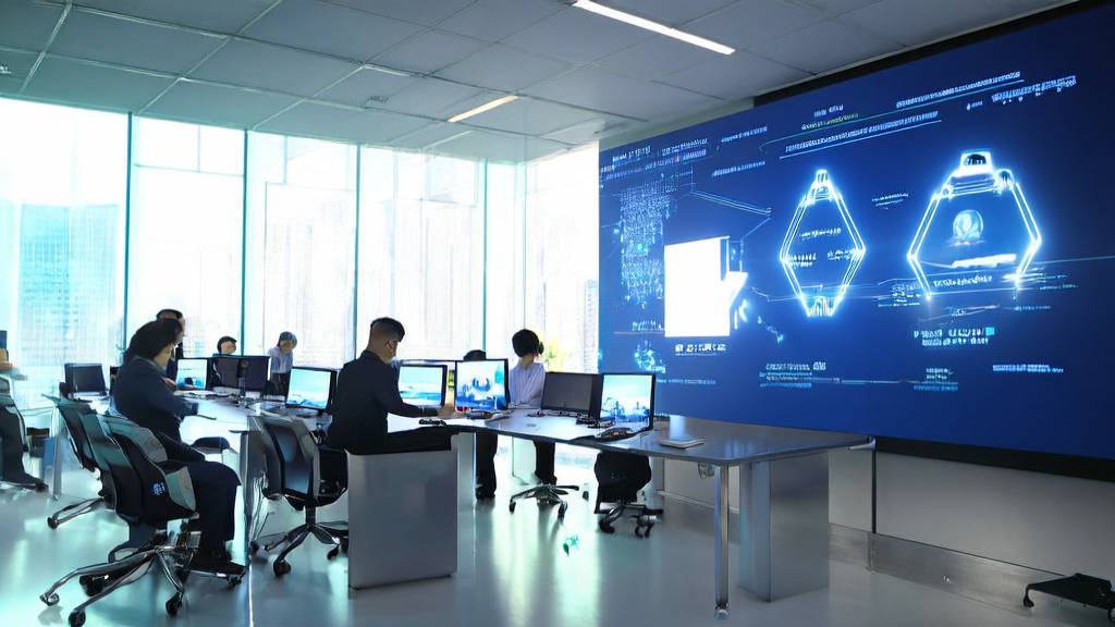 Modern office with employees using AI systems for customer data analysis, background features a large screen displaying key clauses of the EU AI Act