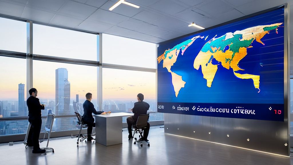 员工在办公室内围绕AI分析屏幕讨论外贸获客策略