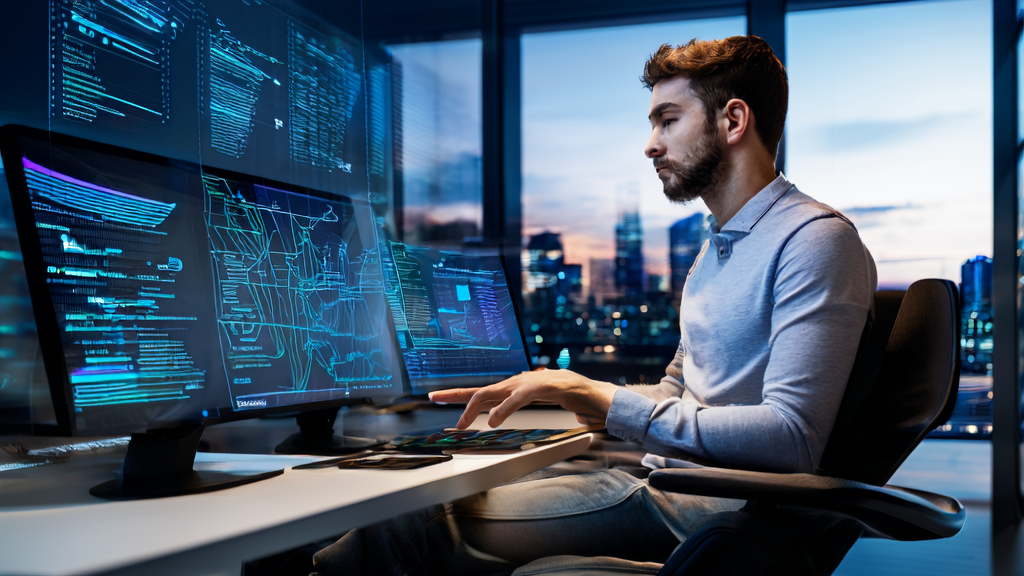 Young entrepreneur using AI customer acquisition solution in a modern office