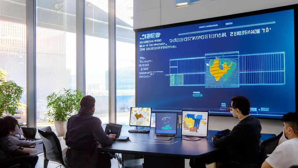In a bright modern office, a team is discussing customer acquisition strategies using AI technology and Google Maps.