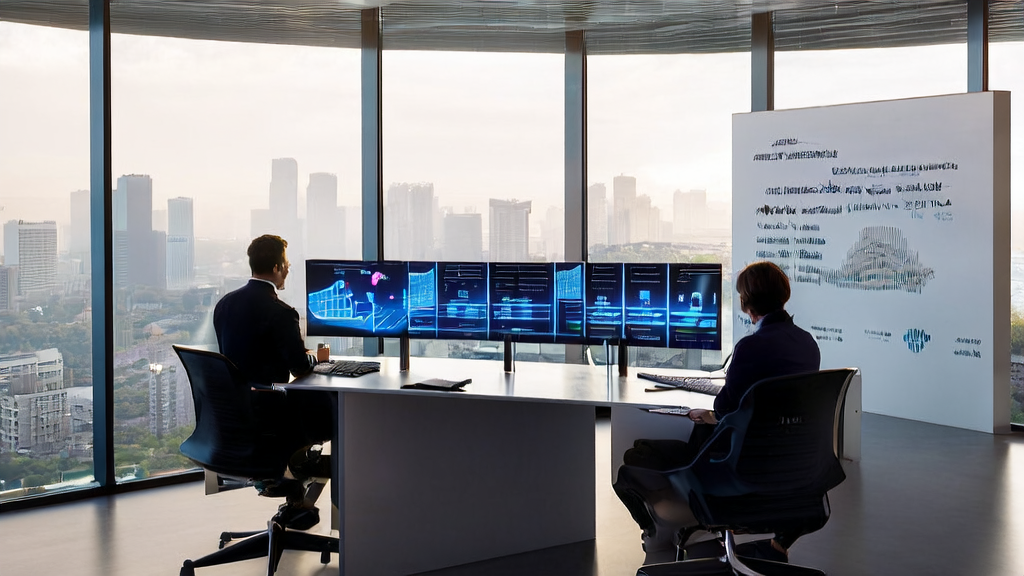 A team in a modern office discussing the application of AI customer acquisition technology, with a city skyline and a Duolingo success story poster in the background.